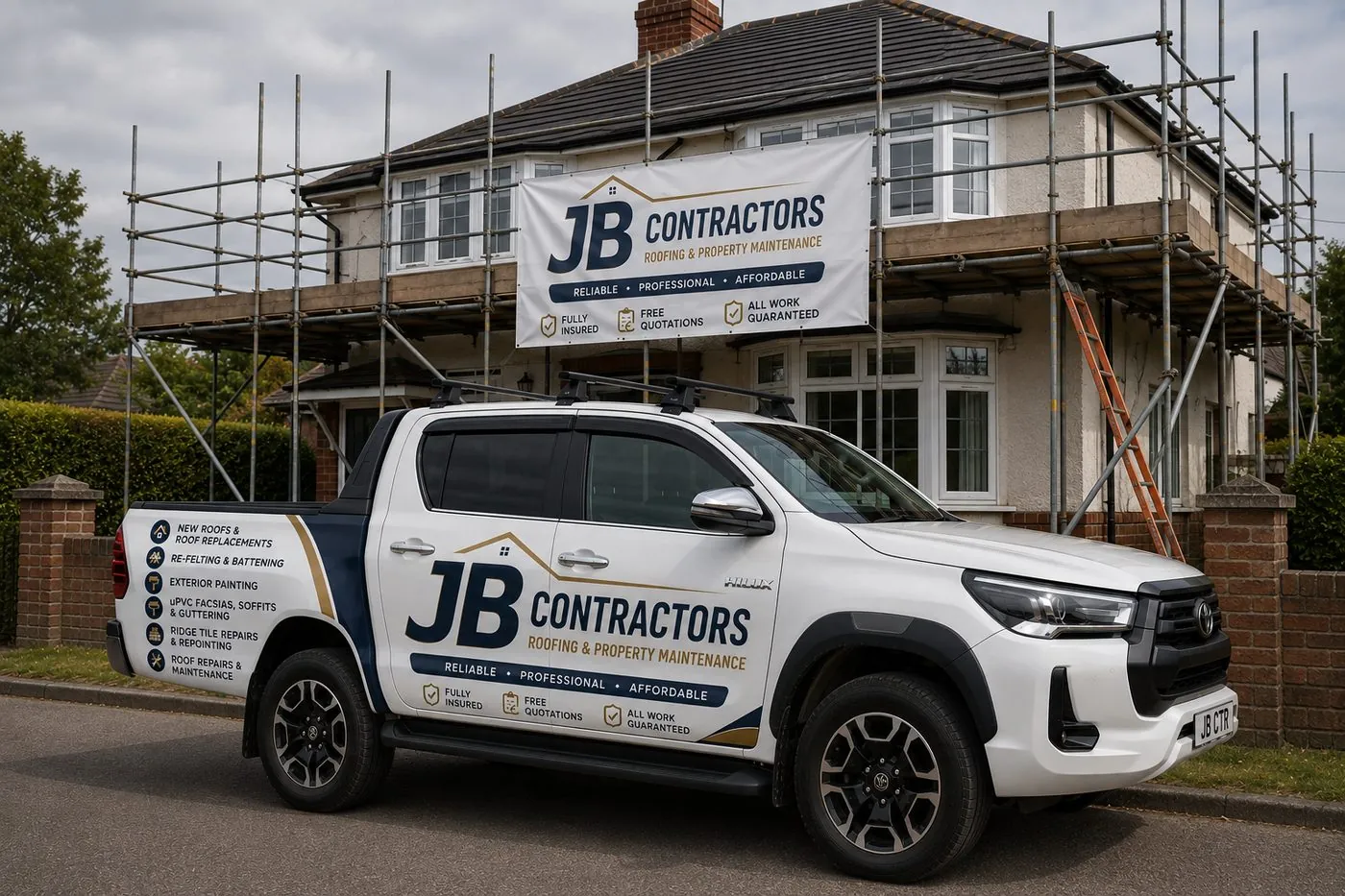 Great Torrington Roofing pickup truck on site at a scaffolded roofing job in Great Torrington